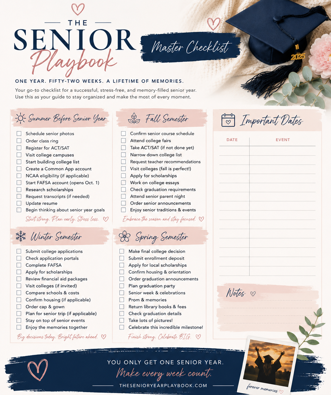 The Senior Year Master Checklist printable — one year, fifty-two weeks, a lifetime of memories