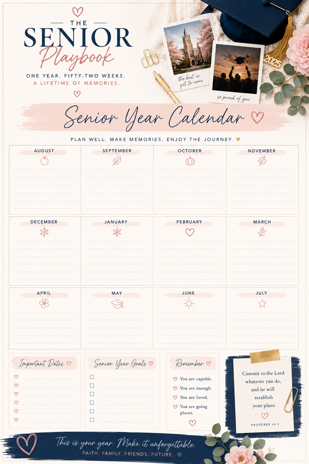 Senior Year Calendar printable — a year-at-a-glance calendar with important dates, goals, and reminders