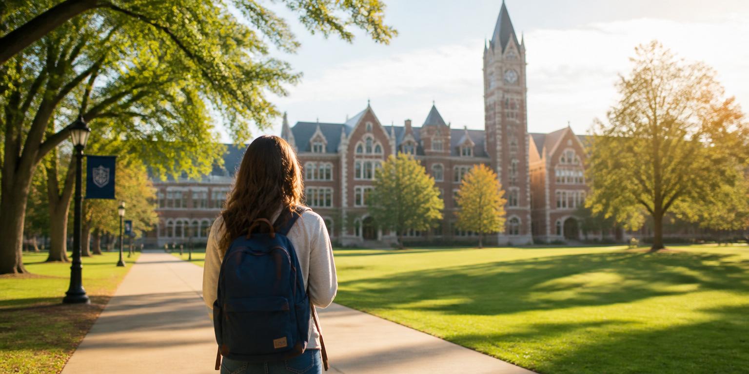 A student walking across a sunlit college campus, seen from behind
