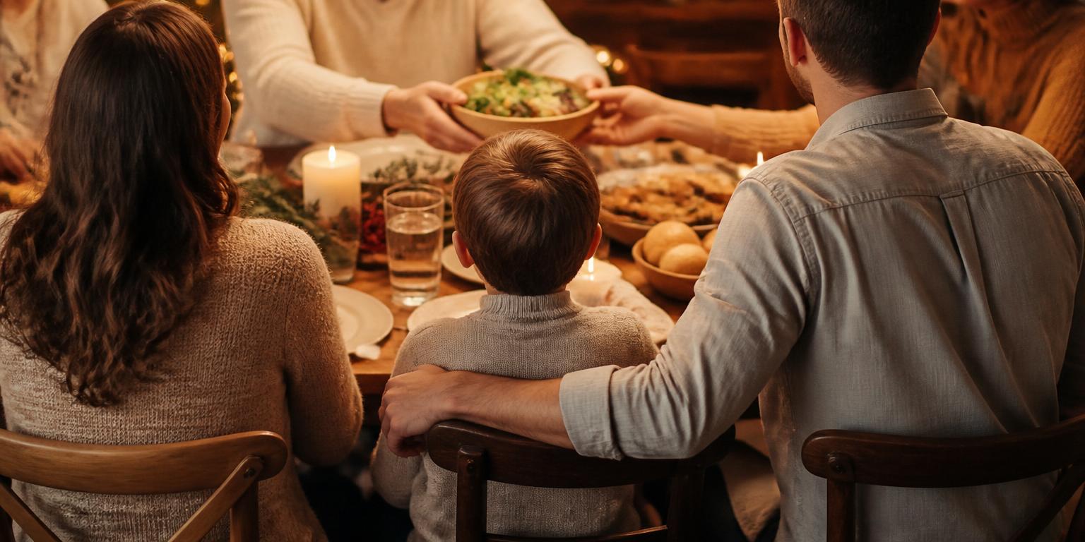 A family gathered around the dinner table, seen from behind