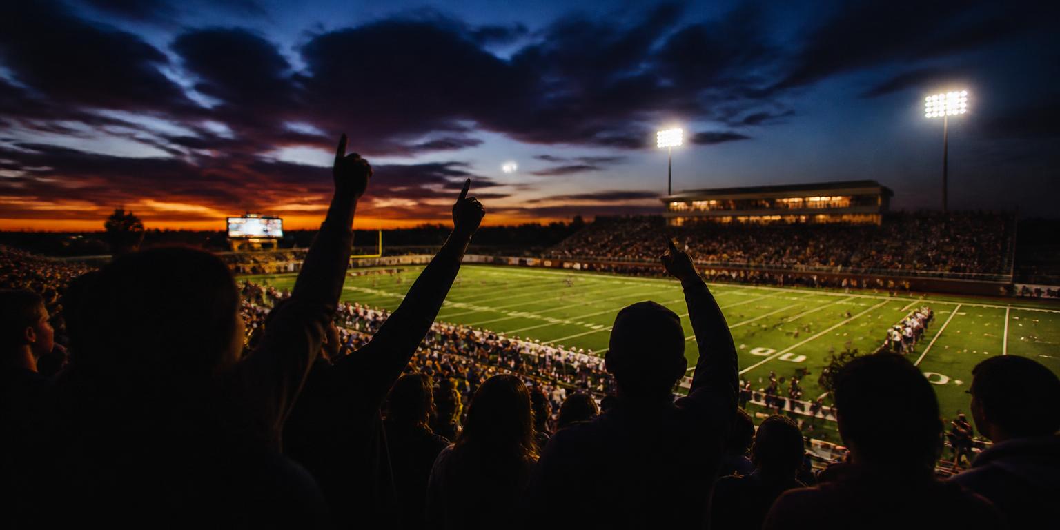 Fans cheering under the lights at a Friday night football game, seen from behind