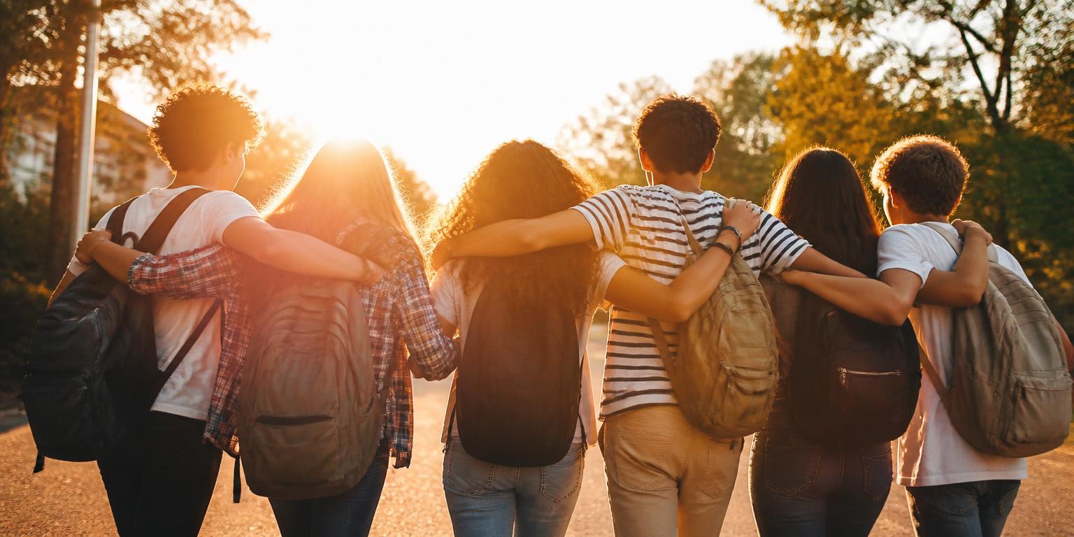 A group of friends walking arm in arm at golden hour, seen from behind