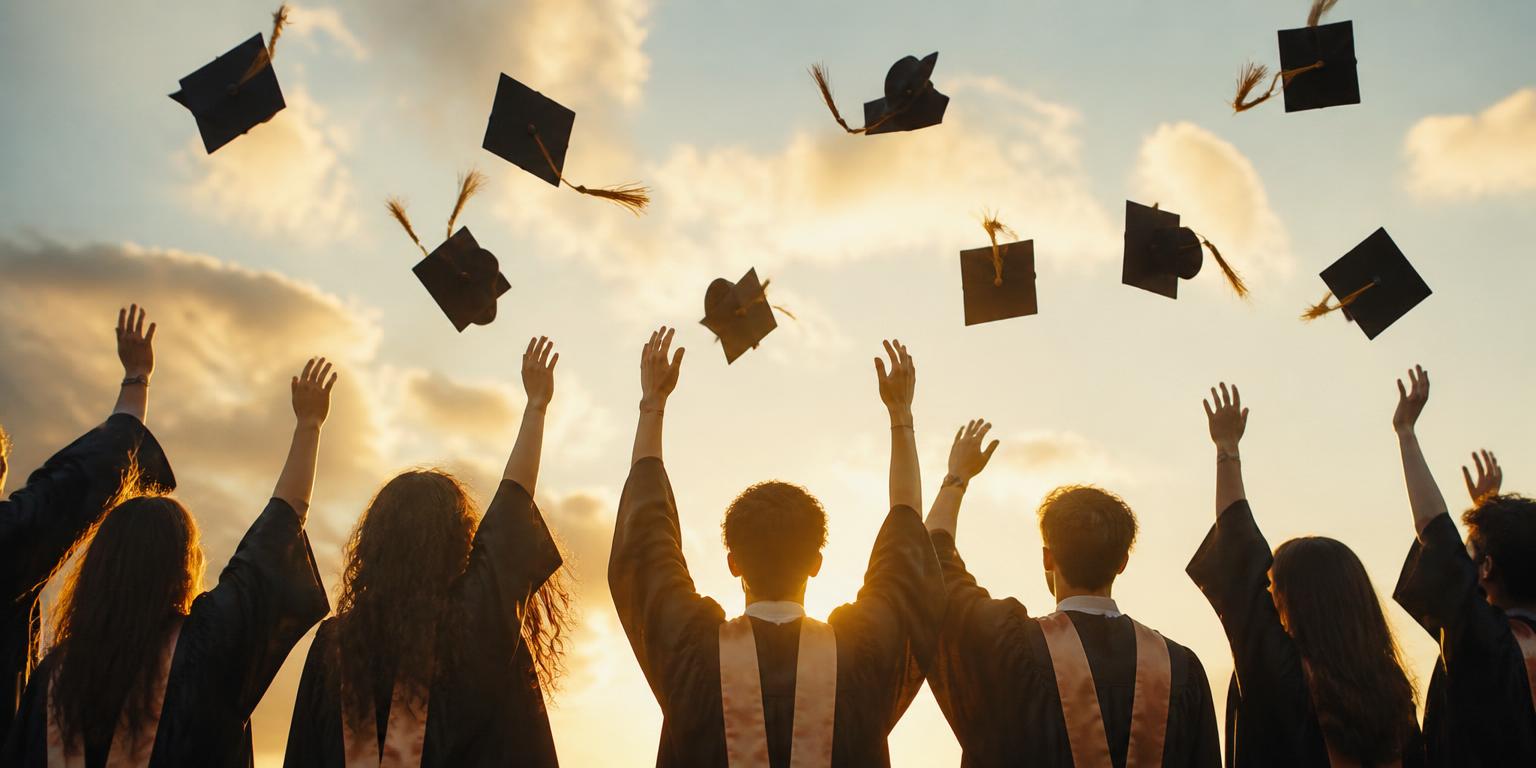 Graduates tossing their caps into the sky, seen from behind