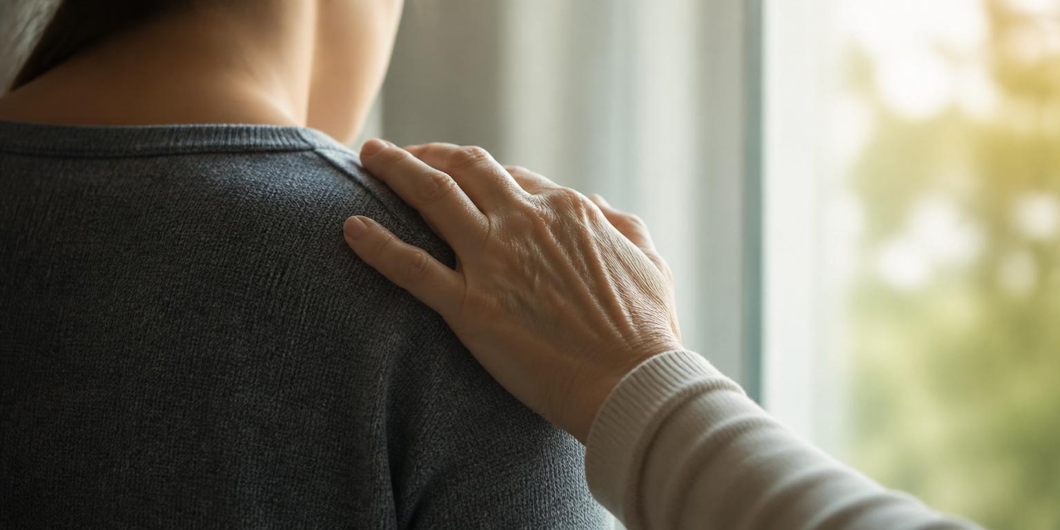 A gentle hand resting on a shoulder near a window